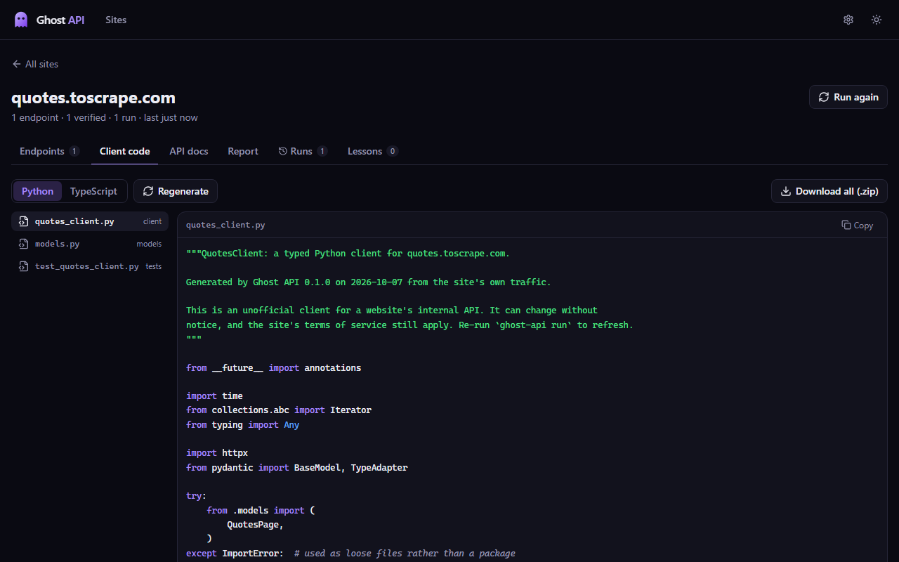 Client code tab with Python and TypeScript