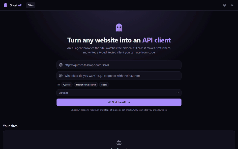 The Ghost API dashboard during a real run on quotes.toscrape.com