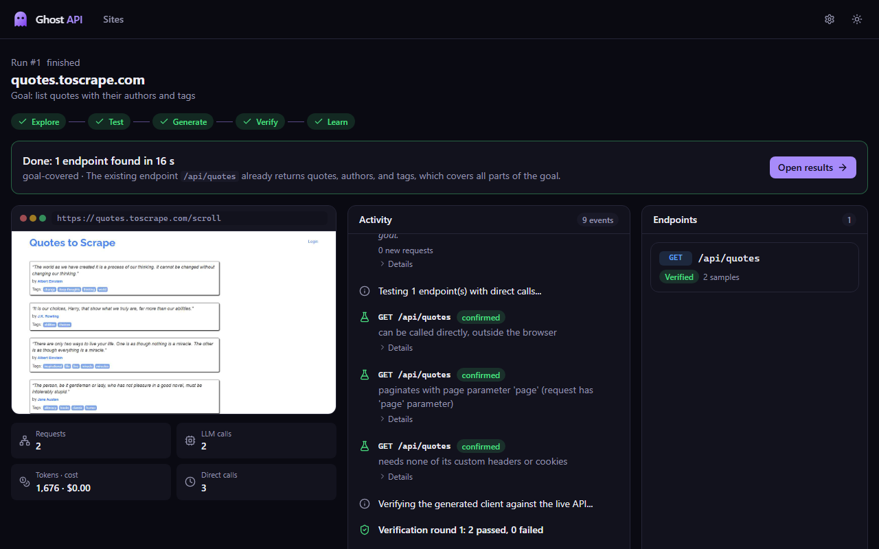 Live run with the browser view, activity and endpoints