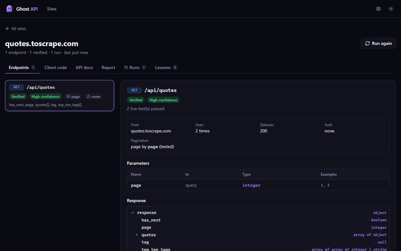 Site page with the endpoint list and details