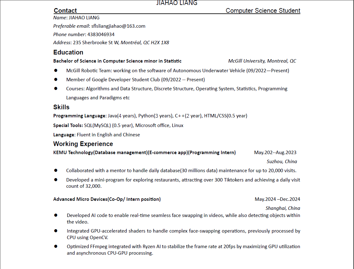 Jiahao Liang CV