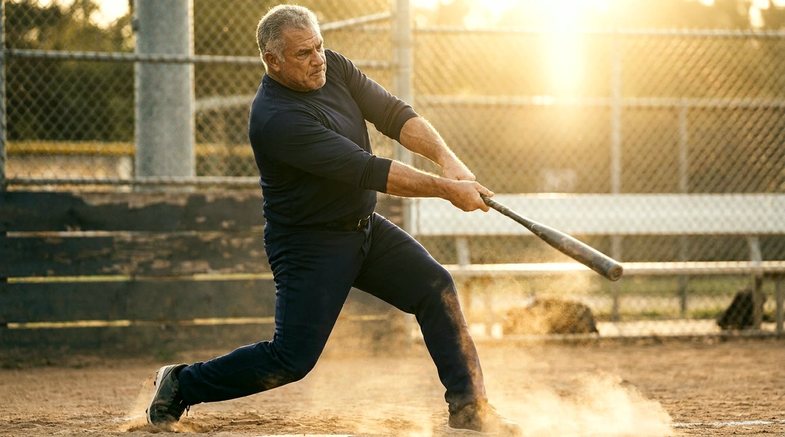 A senior softball player driving the ball at golden hour