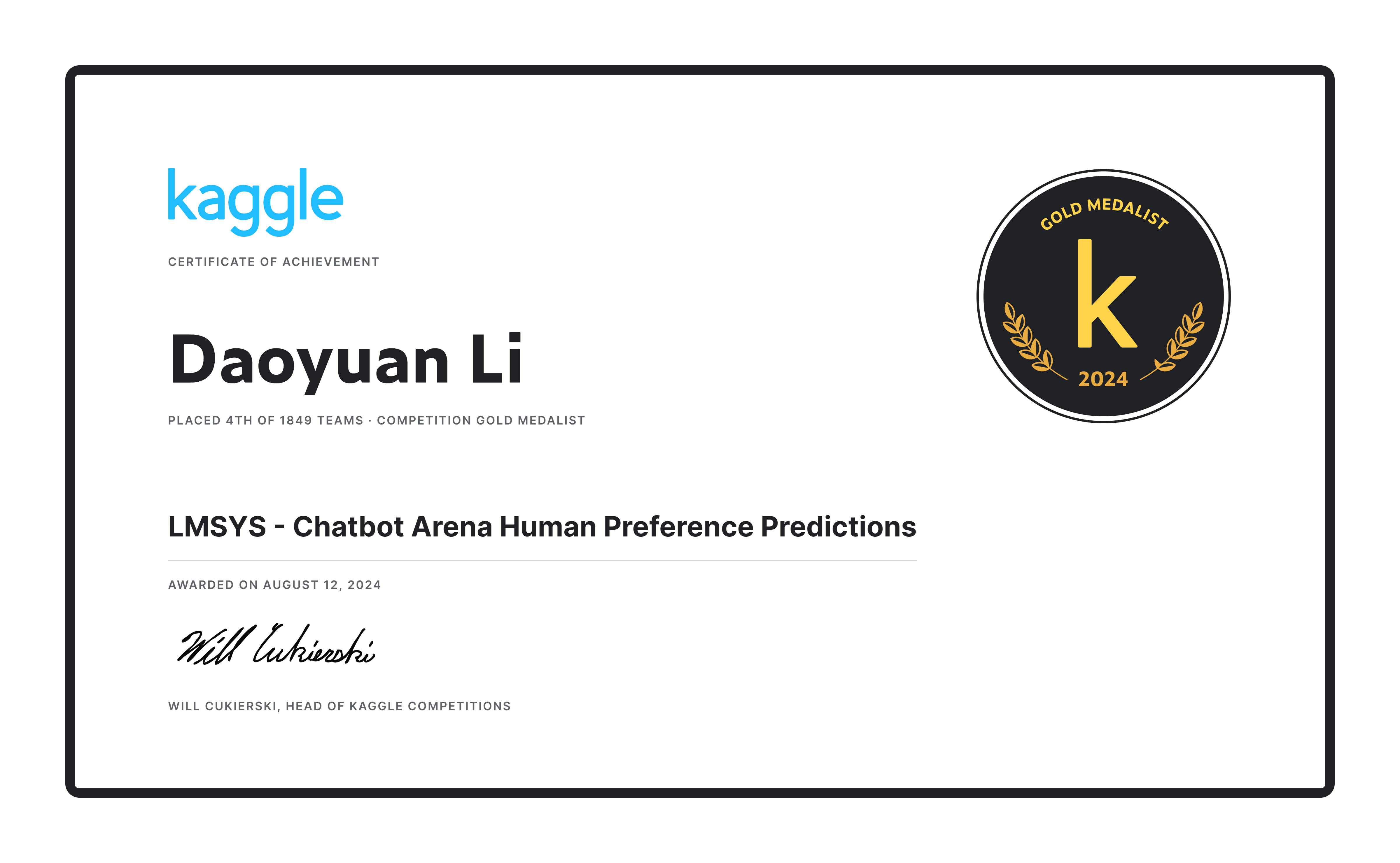 Kaggle LMSYS Chatbot Arena gold medal certificate — Daoyuan Li, 4th place of 1,849 teams