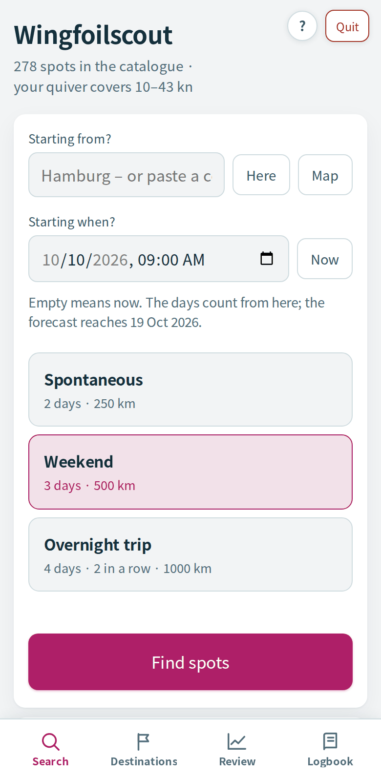 Search: starting point, start time and three presets