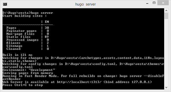 Результат выполнения команды hugo server