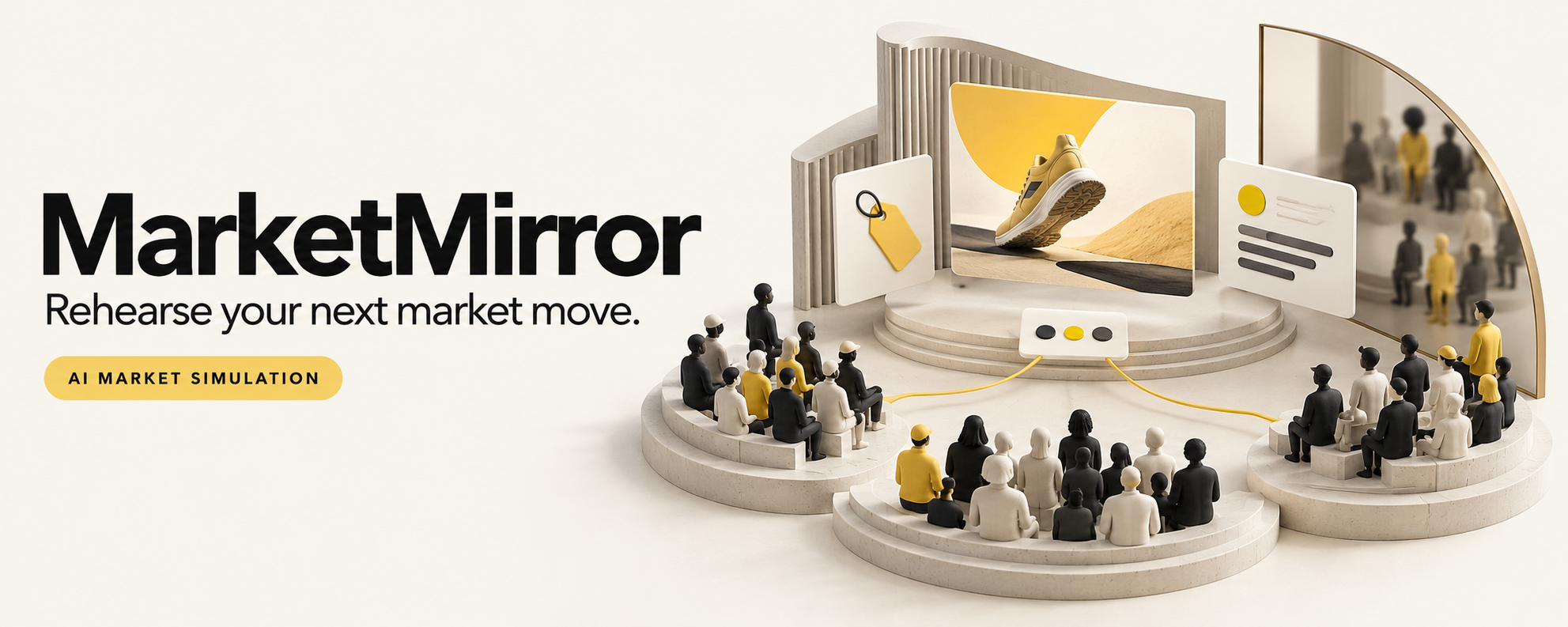 MarketMirror: rehearse your next market move. Illustration of campaign ideas presented to groups of simulated buyers.