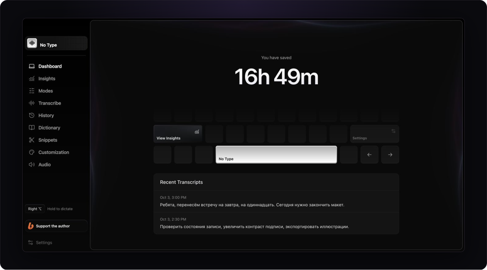 No Type dashboard with recent transcripts, insights, writing modes, dictionary, snippets, and models.