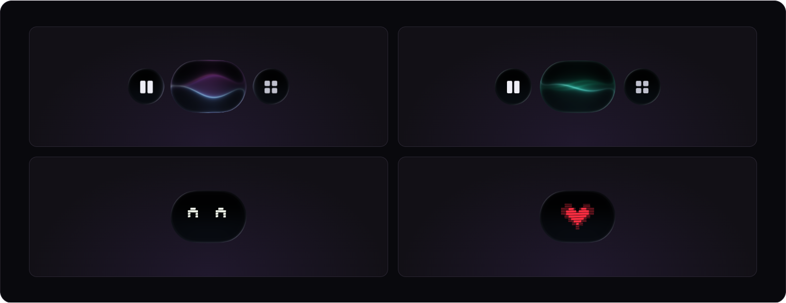 Four No Type recorder appearances: lavender Prism, green Aurora, a pixel companion, and a heart in response to petting.