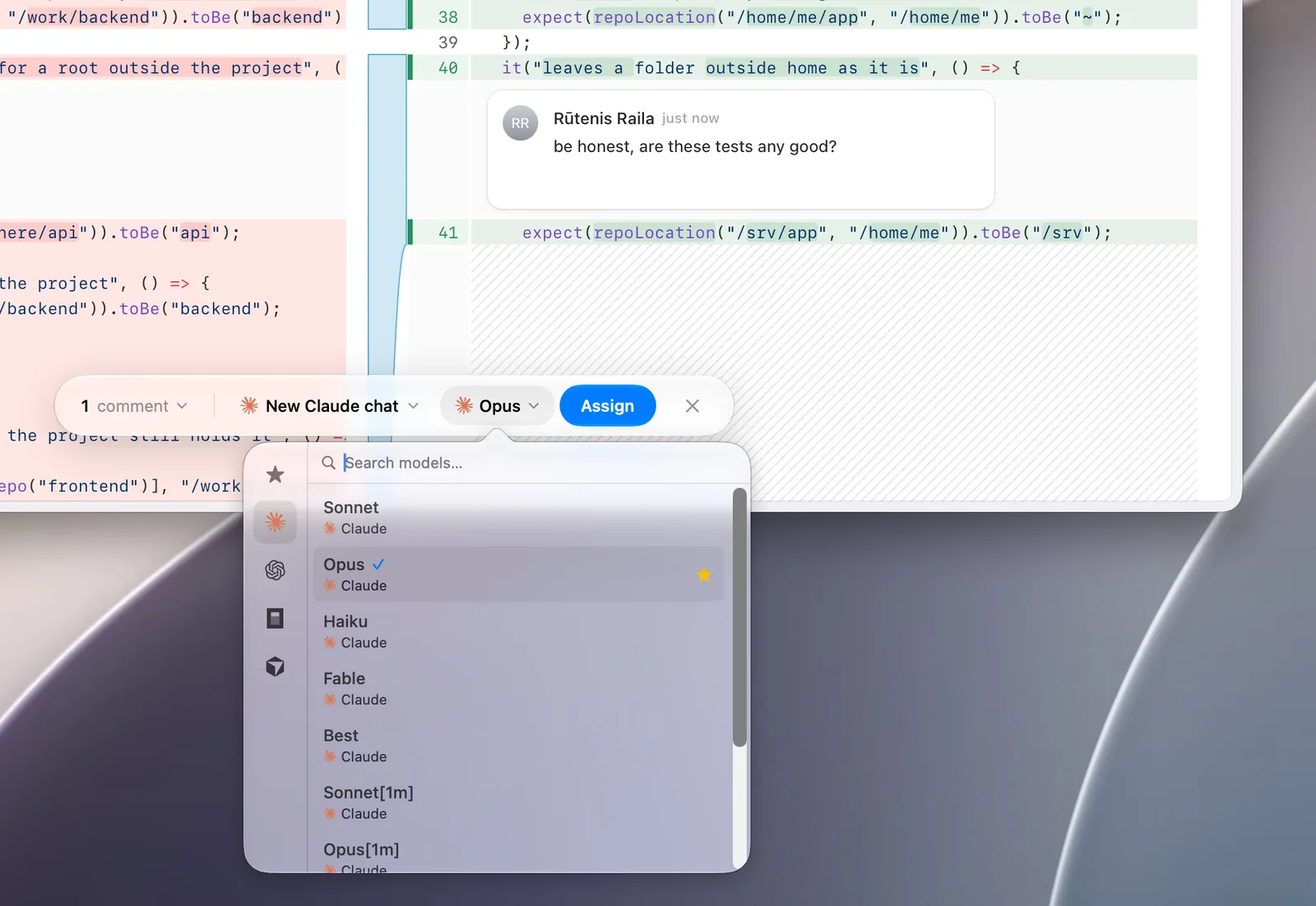 A comment on a line of code, being assigned to a new Claude chat with its model picker open