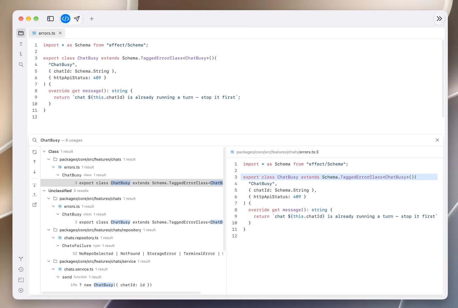 Find symbol listing every usage of a class across the codebase