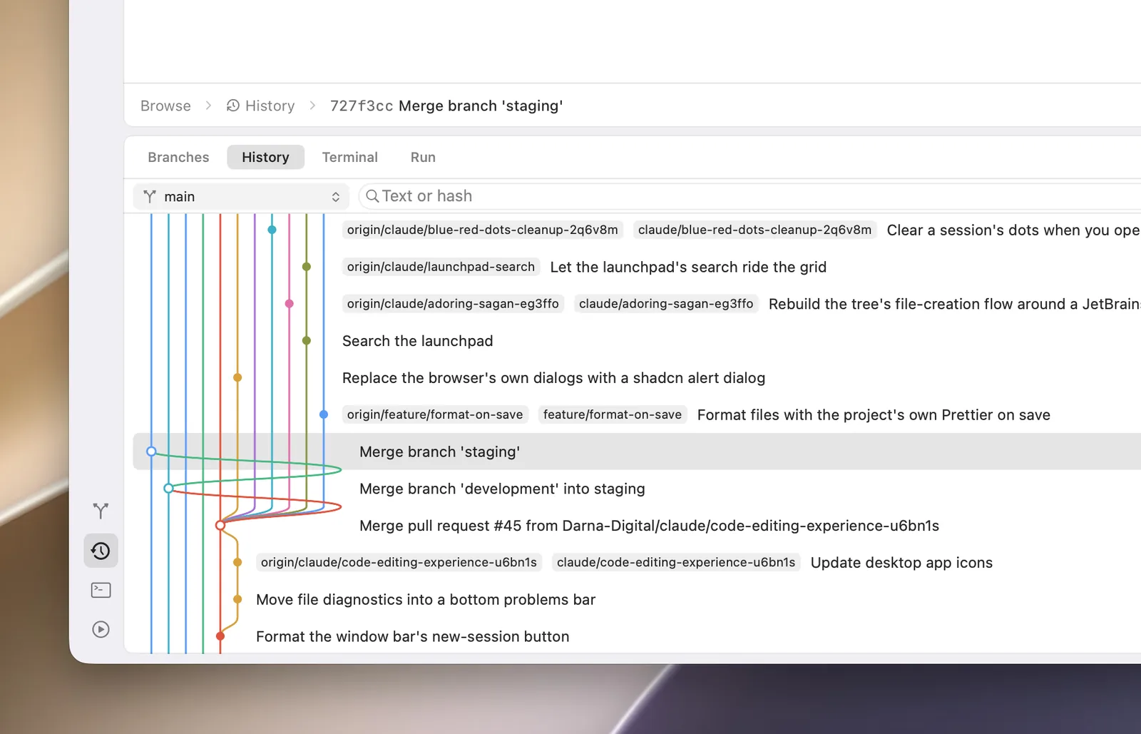 The version control history, with its branch graph and filters