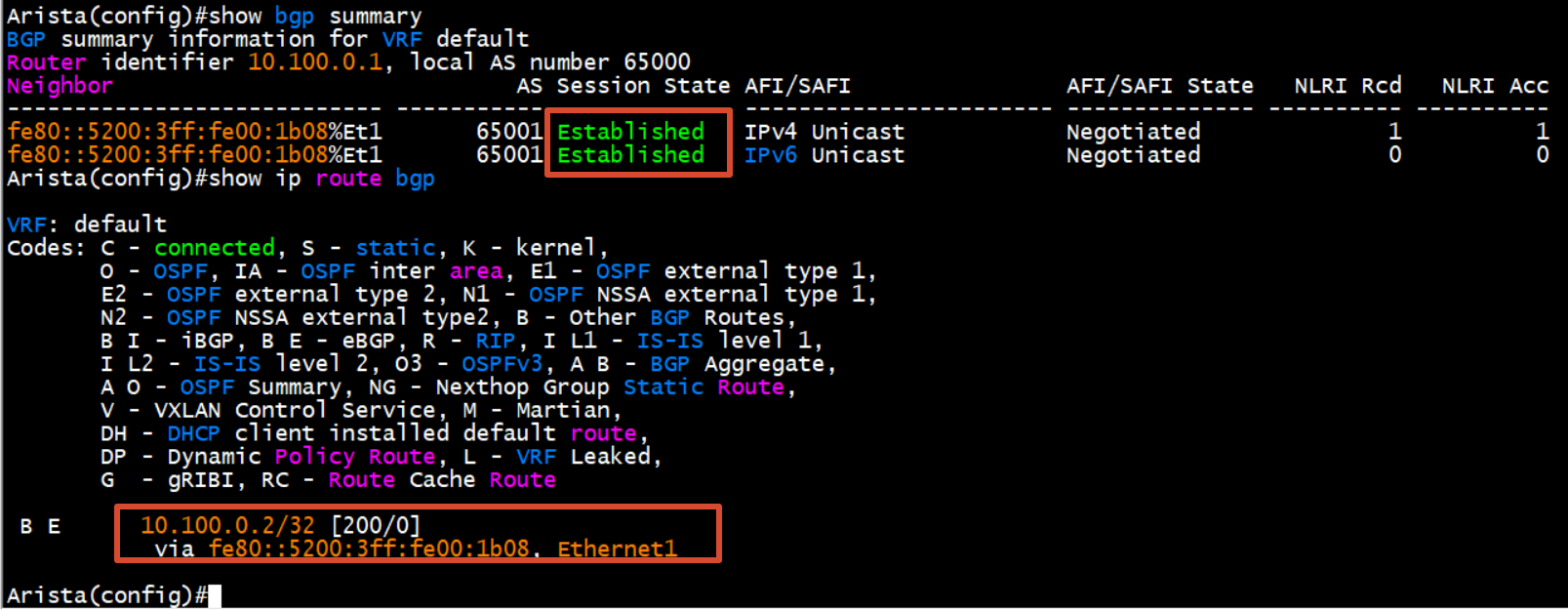 Arista BGP session and route table, both healthy