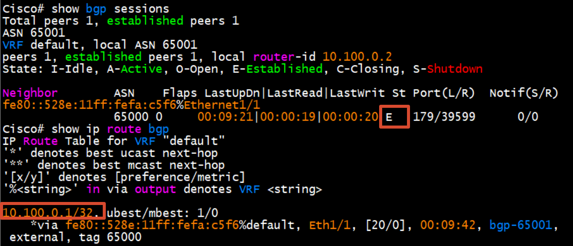 Cisco BGP session and route table, both healthy