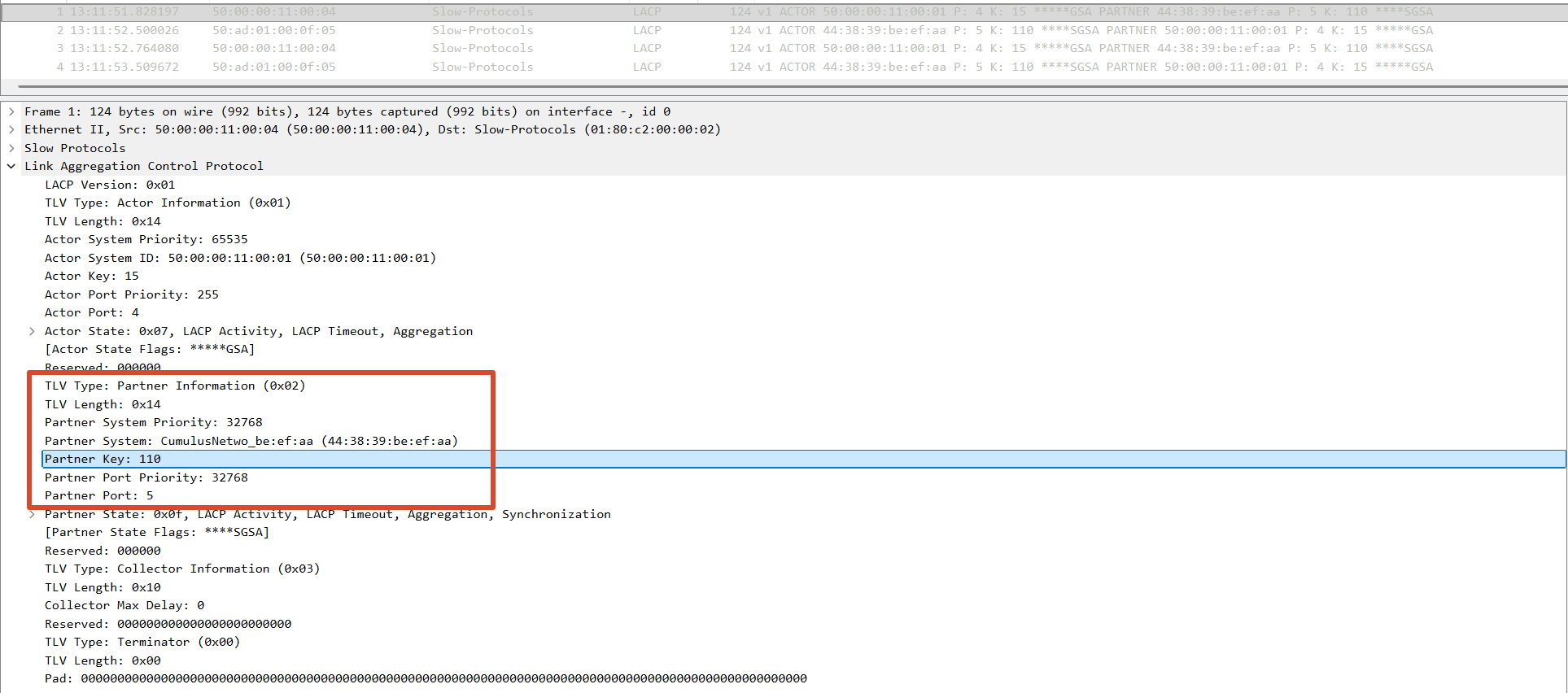 LACP PDU showing oper key 110 after renaming the Port-Channel