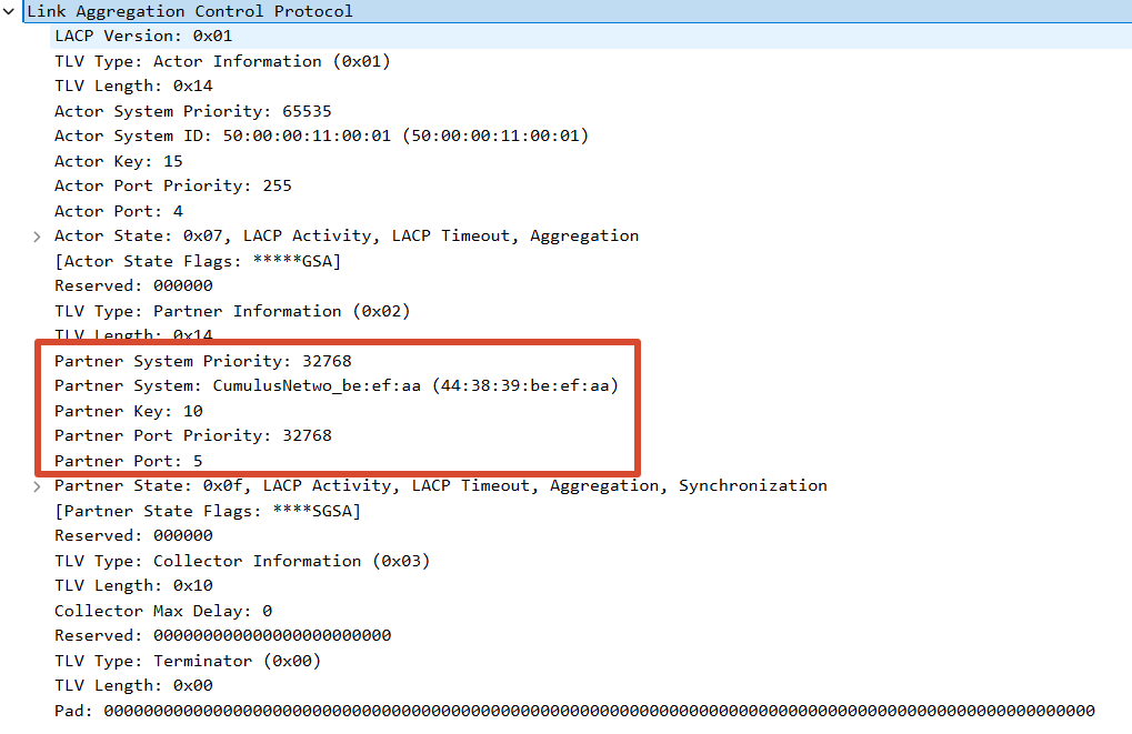 LACP PDU capture showing Partner Key 10 and Partner System Priority 32768