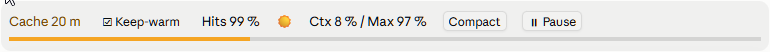 The band in the Claude desktop app: cache 20 minutes left, Keep-warm checked, hits 99 %, a sun at 8 % of a 97 % threshold, Compact and Pause; below it the cache bar, yellow with a third of the hour left