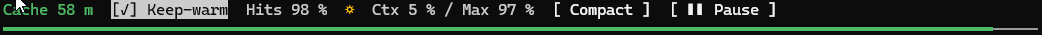 The band in a terminal: cache 58 minutes left, Keep-warm checked, hits 98 %, a sun at 5 % of a 97 % threshold, Compact and Pause; below it the green cache bar over the band's width