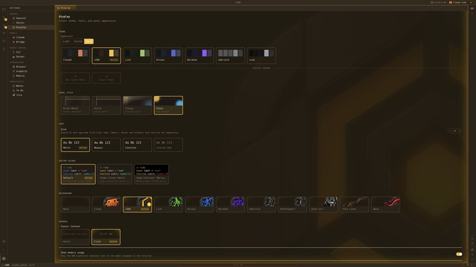Theme, panel style, font, and background settings