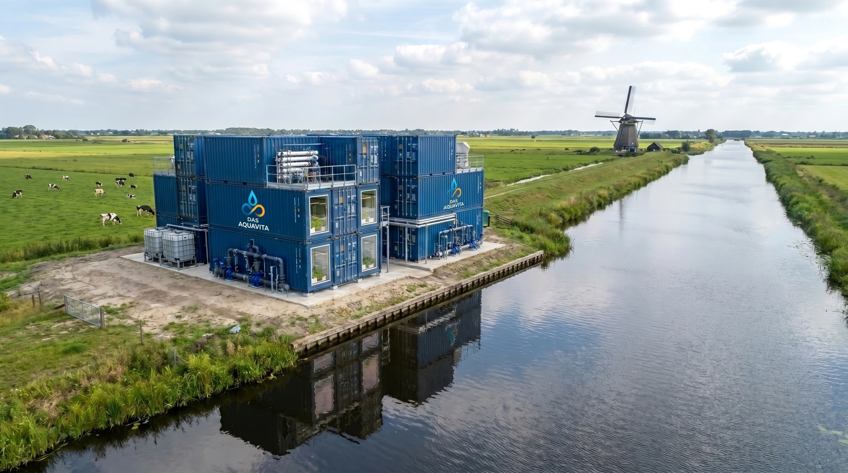 Das AquaVita Netherlands facility on a Dutch canal with windmill