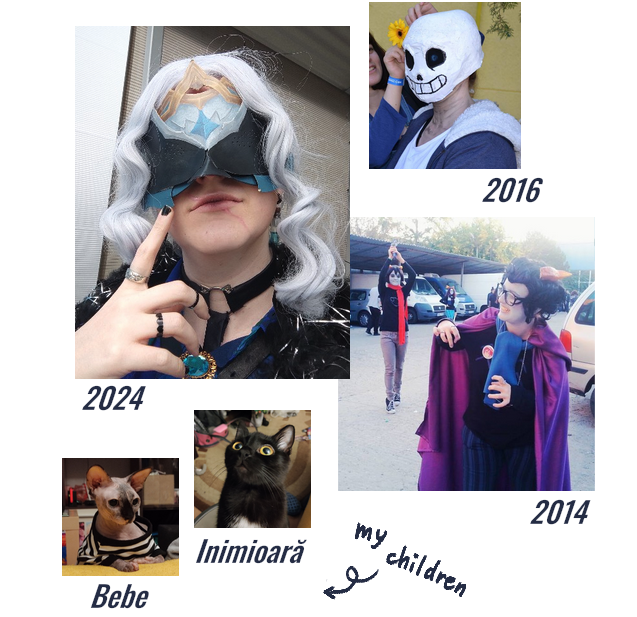 a collage of pictures of Elias, a feminine-ish, light-skinned nonbinary/trans man. there is: 1. a close up of him in a Sans from Undertale cosplay with a homemade Sans mask covering his whole head. Fish as Frisk is seen in the background putting a yellow flower on his head. the photo is marked 2016. 2. a close up of him in a Dottore from Genshin Impact cosplay with the mask on and faint scarring make up underneath, gray curly hair and a choker around his neck. the photo is marked 2024. 3. two pictures of his cats, marked Inimioară and Bebe. Inimioară is a black cat with a white spot on her chest and Bebe is a bald sphynx cat, greyish pink with black on her nose, wearing a striped black and white shirt. besides them is written my children