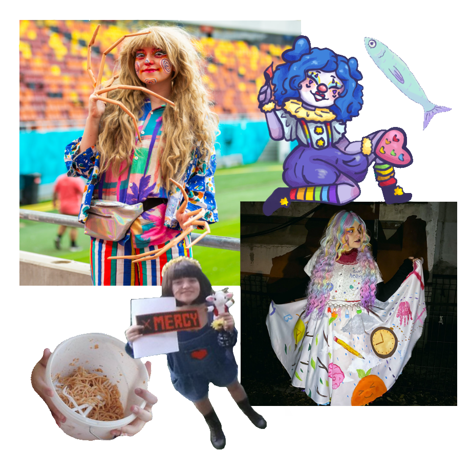 a collage of pictures of Fish, a feminine, light-skinned nonbinary person. there is: 1. them in a Distortion Michael from Magnus Archives cosplay with long paper fingers, a messy blonde wig, colourful clothes and very colourful make up with spirals, 2. a drawing Fish made of a clown with blue hair and rainbow accessories, 3. a silly drawing of a fish, 4. a cropped picture of a white bucket filled with spaghetti, 5. a younger Fish cosplaying Frisk from Undertale holding a MERCY sign and a goat plushie meant to be Asriel from Undertale. he has denim overalls, a brown straight bob, a flower crown and a heart on his chest, 6. Fish cosplaying the Notebook from Don't Hug Me I'm Scared with a long, curly and colourful wig, a white dress painted with symbols from the episode like a clock, clouds, pencils, sticks and hand prints