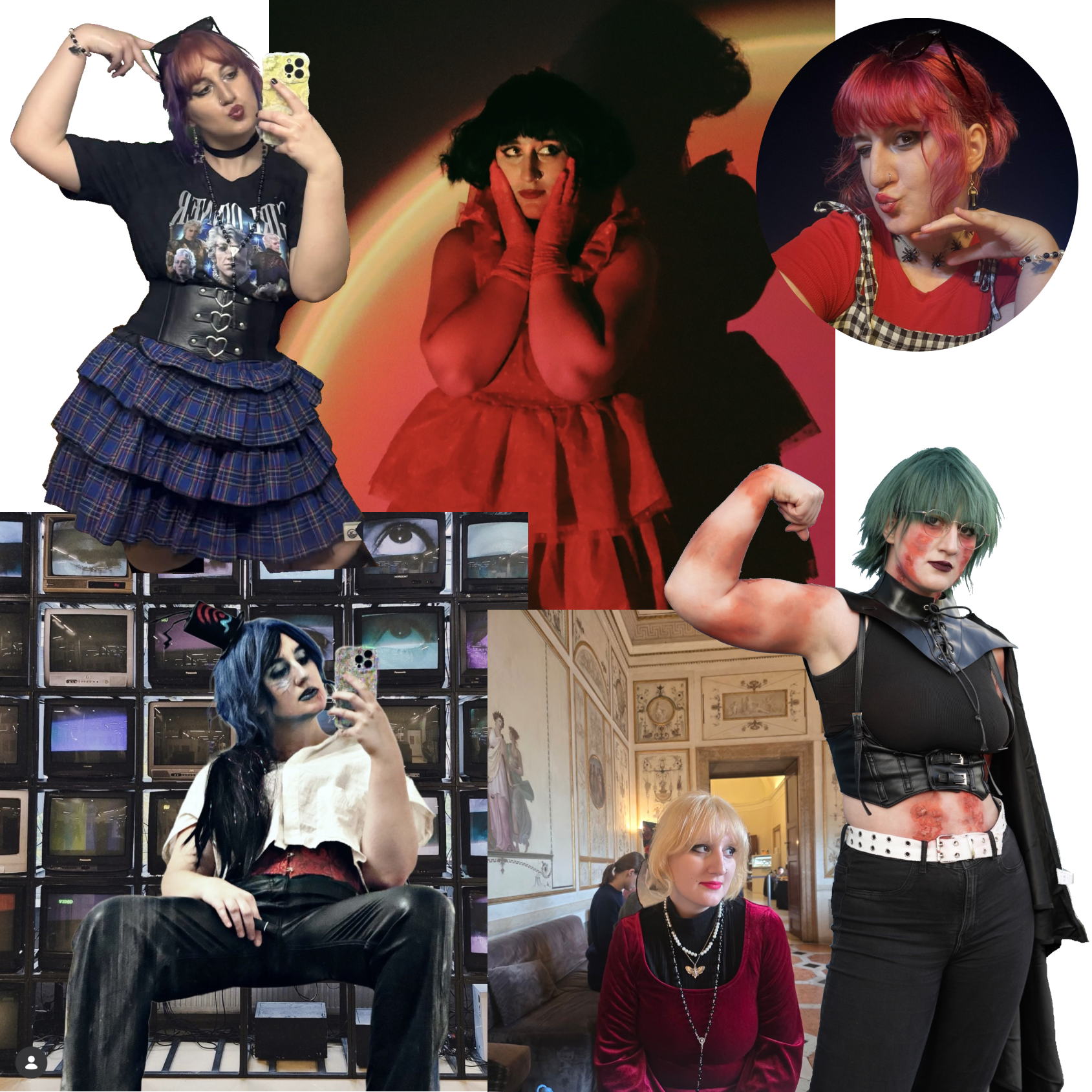 a collage of pictures of Rin, a muscular, sometimes feminine, sometimes masculine-looking, light-skinned nonbinary person. there is: 1. him in an Astarion T-shirt with a corset, skirt and purple hair, 2. him in a Lydia from Beetlejuice cosplay, red dress with a short black bob, 3. an upclose selfie where he's winking, holding his hand to his cheek and has pink hair and sunglasses on his head, 4. him in a Vox from Habzin Hotel cosplay with TVs edited in the background, a long blue wig, blue eyeshadow and lips, a white shirt, red corset and black pants and wearing a replica of Vox's hat, 5. Rin a white and black satin dress with a blonde bob and a marble painted wall behing him, 6. Rin cosplaying Maki Zenin from JJK, green hair, black outfit, painted on red marks on his arms and face and he is flexing his muscled arm for the camera