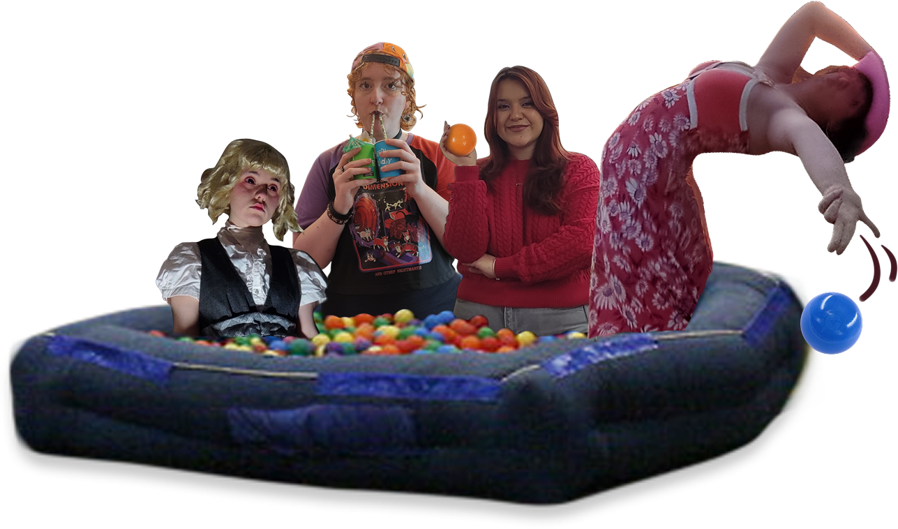 the team (Fish, Elias, Eve and Rin) crudely edited inside the 2014 DashCon's ball pit