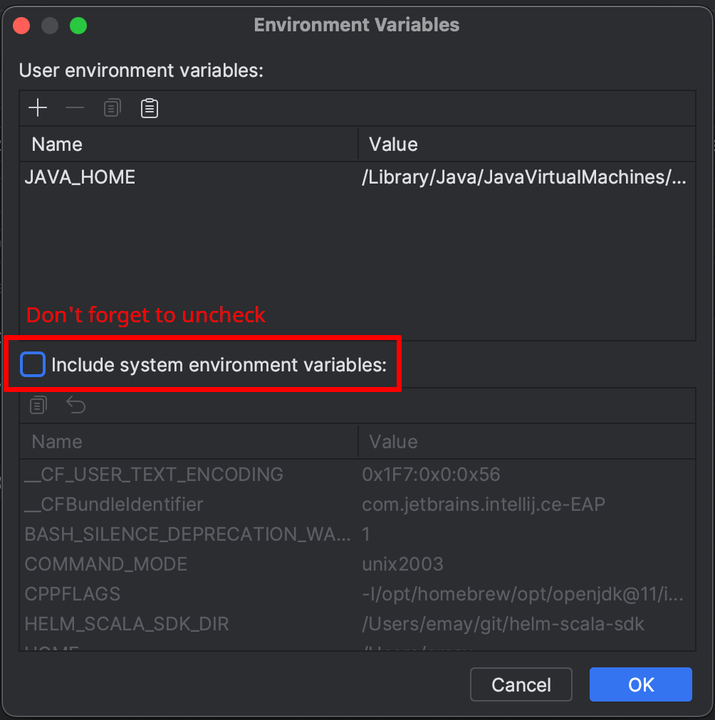 Environment variables dialog