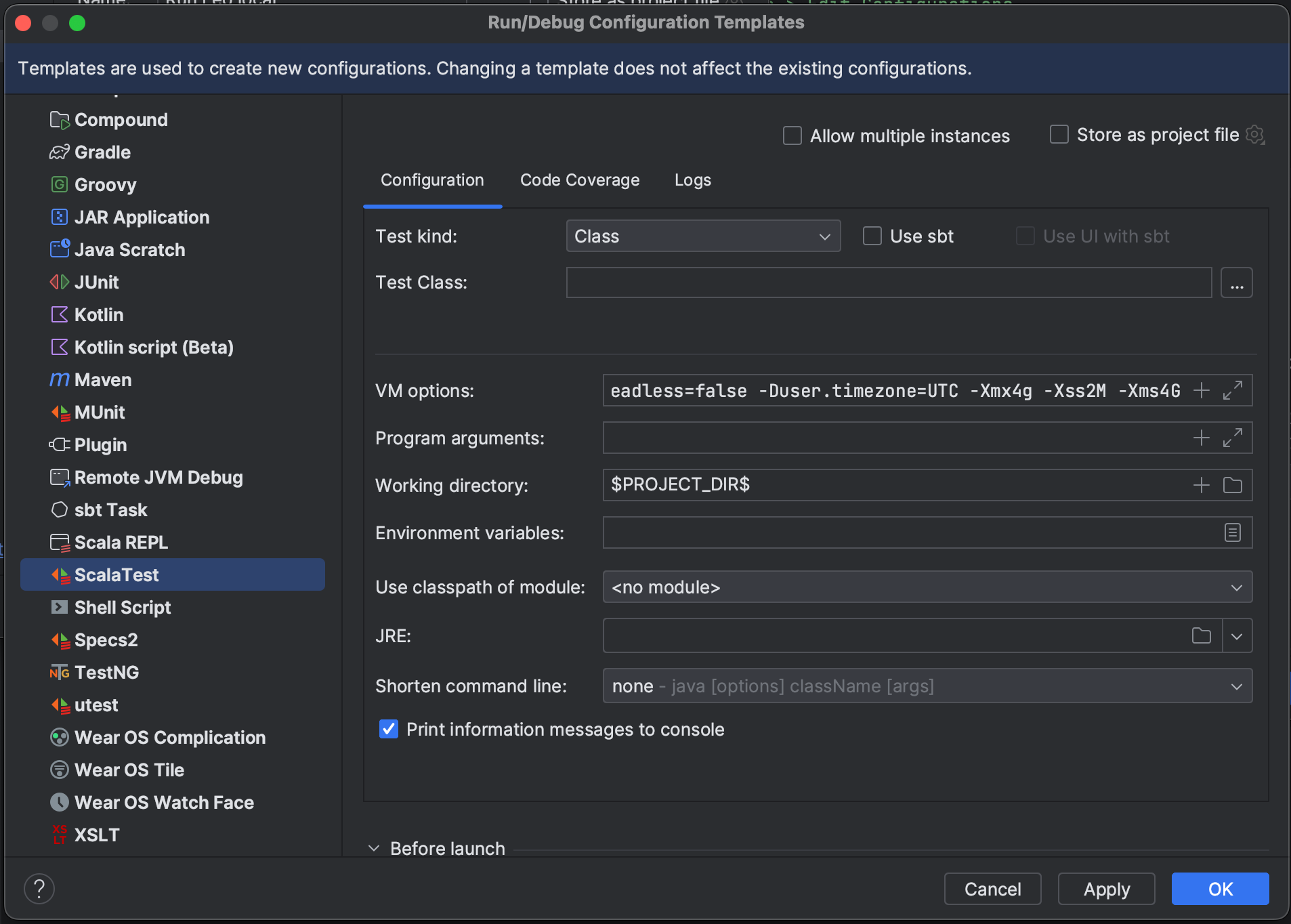 ScalaTest template JVM options