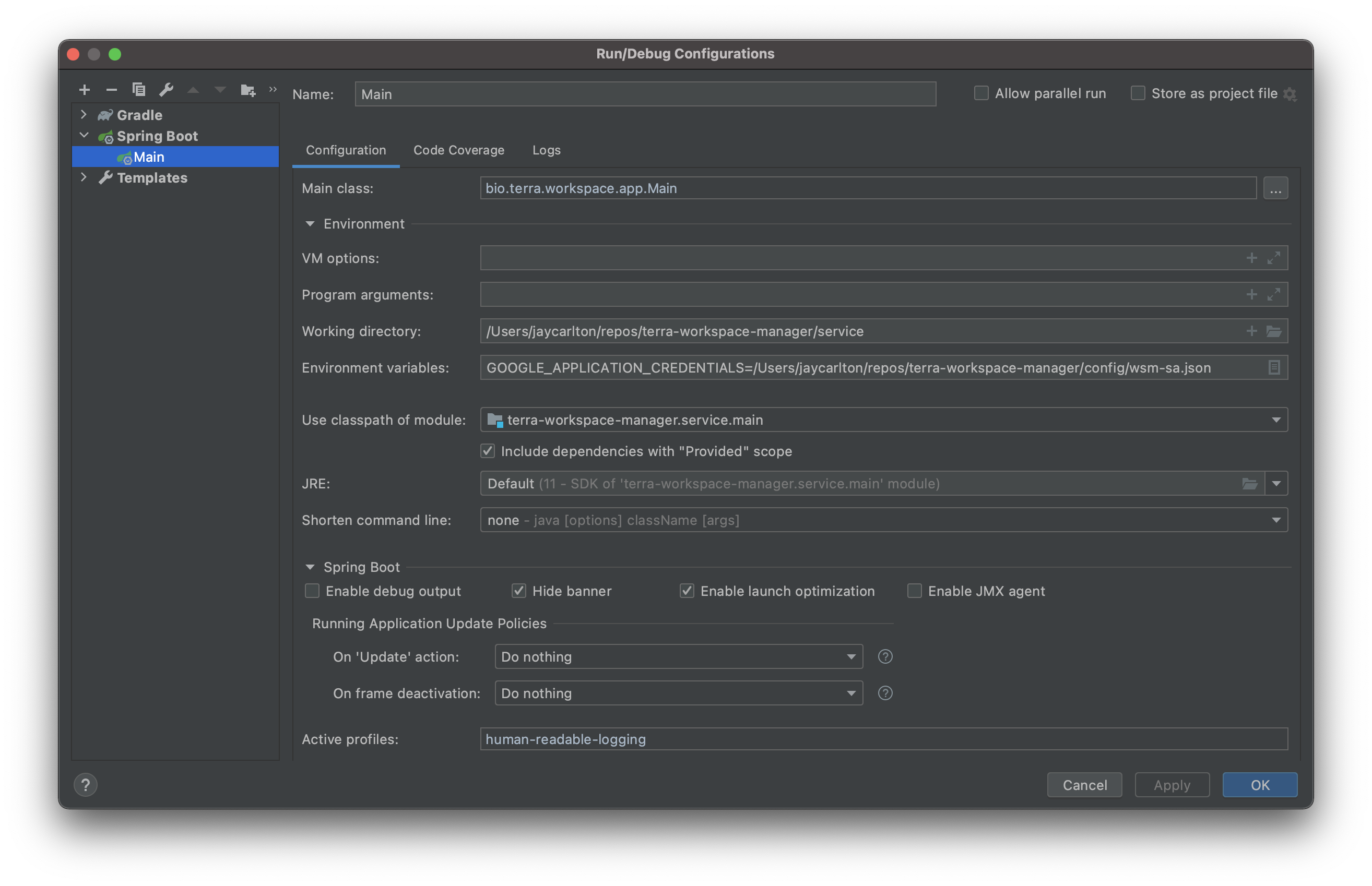 Main Run Configuration Dialog