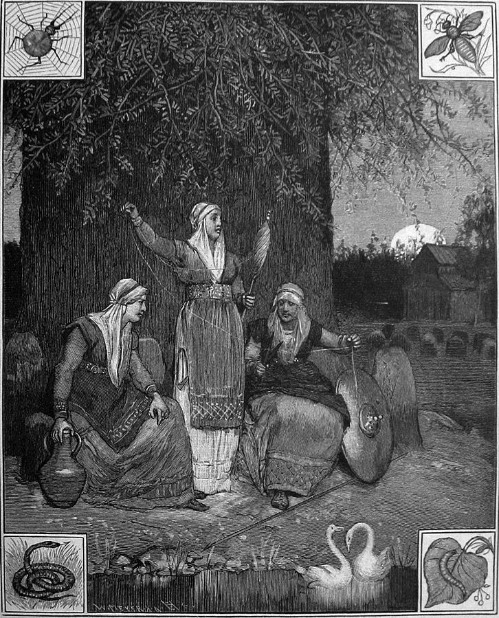 The Norns weaving fate at Yggdrasil