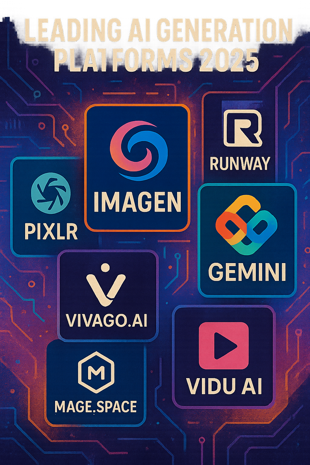 Una imagen estilizada que represente las plataformas líderes en generación AI para 2025, mostrando logos o iconos de herramientas como Imagen, Pixlr, Runway, Gemini, Vivago.ai, Mage.space y Vidu AI en un collage tecnológico.