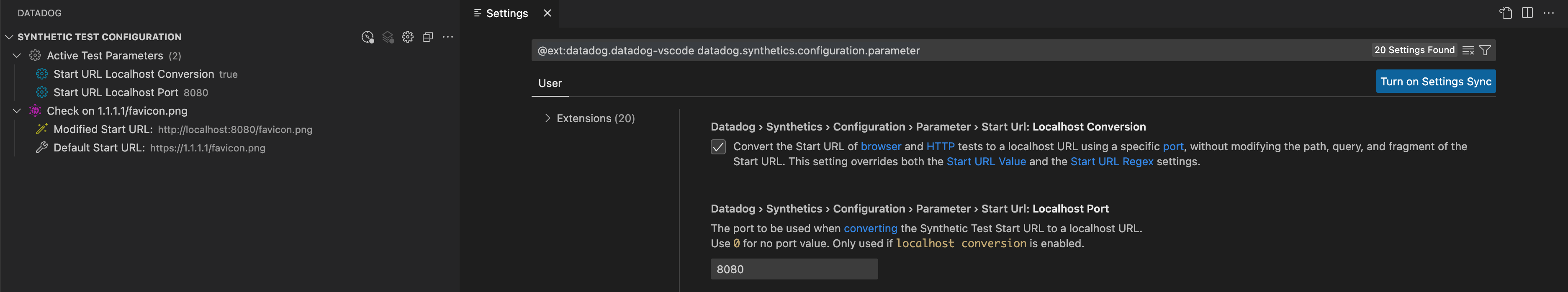 The Test Configuration panel and Settings page where you can specify the start URL of a Synthetics test to a localhost URL