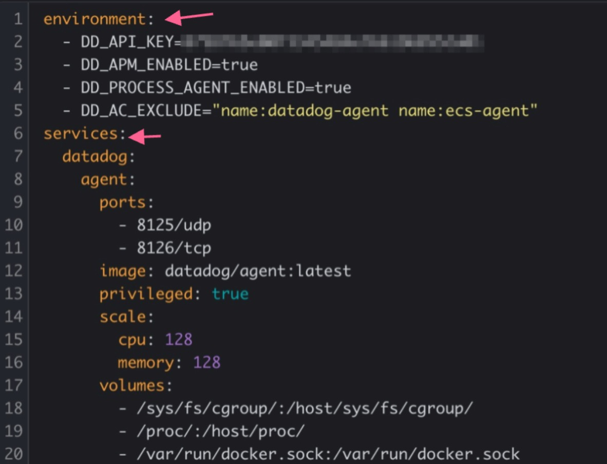 The Environment and Services parameters defined on the same level