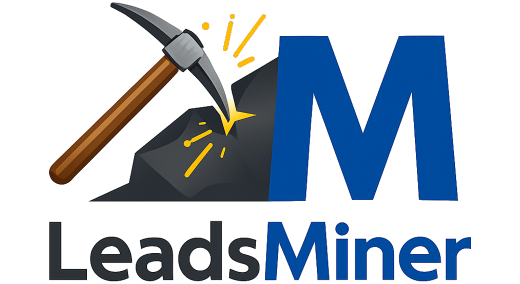 شعار LeadsMiner مع رمز معول تعدين يصنع ثقوب في صخر، ألوان شعار أزرق ورمادي