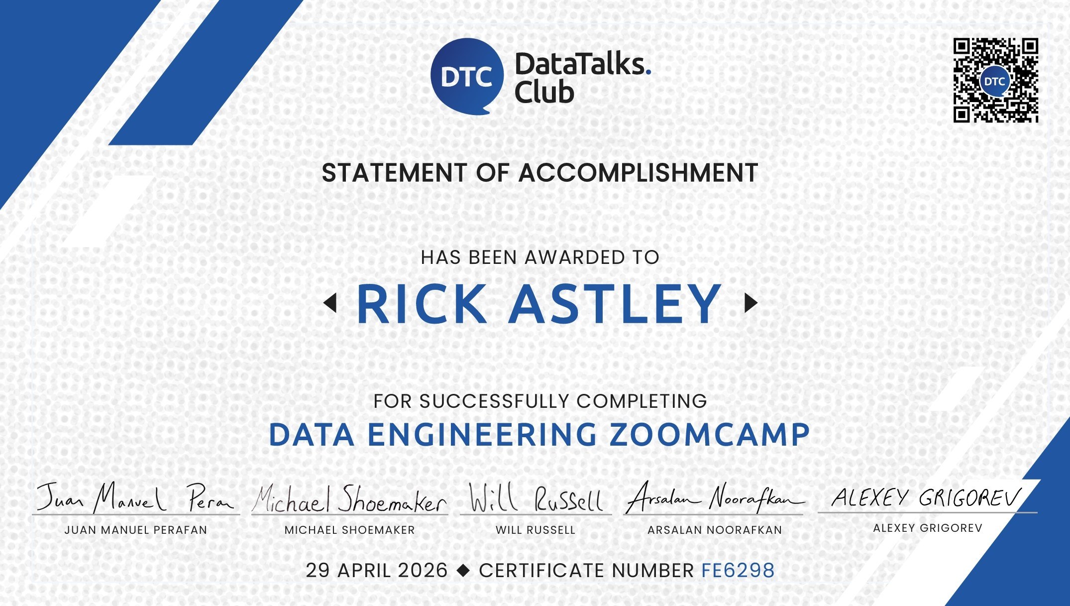 Data Engineering Zoomcamp certificate of completion awarded after finishing the final project and peer reviews