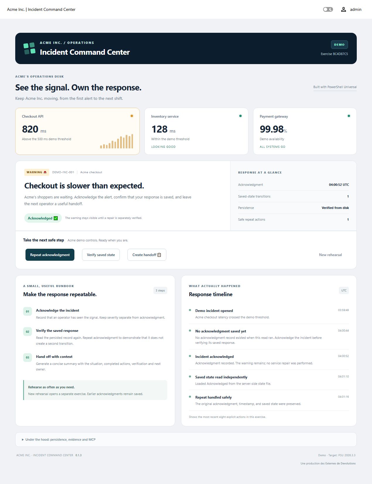 ICC 0.1.3 native dashboard showing the saved rehearsal response
