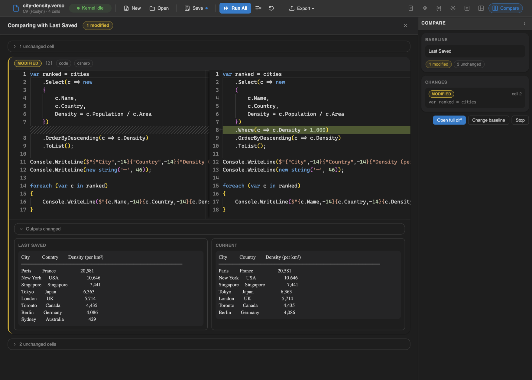 The full diff view showing one modified cell, with its source change and its old and new output tables side by side