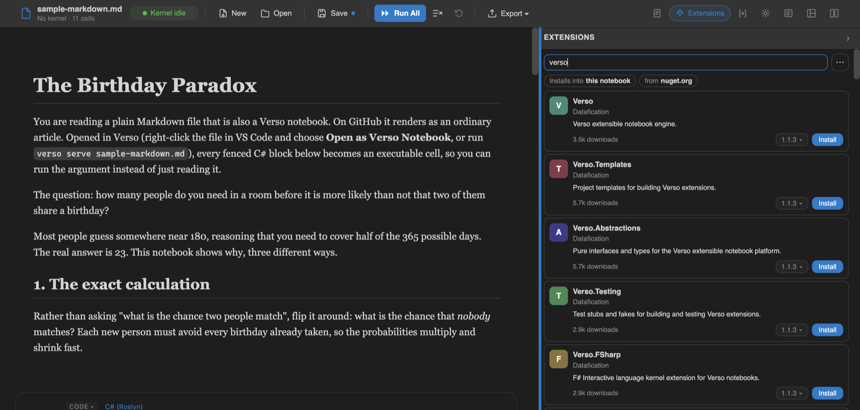 The Extensions panel open beside a notebook, showing NuGet search results with install buttons