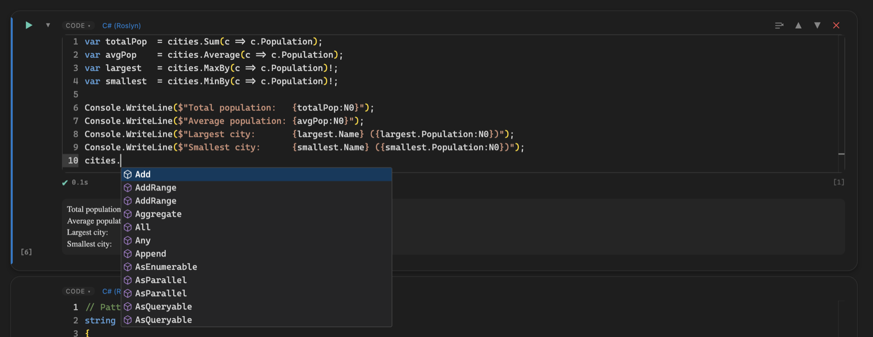 A C# cell with the completion list open, listing members of a user-defined list