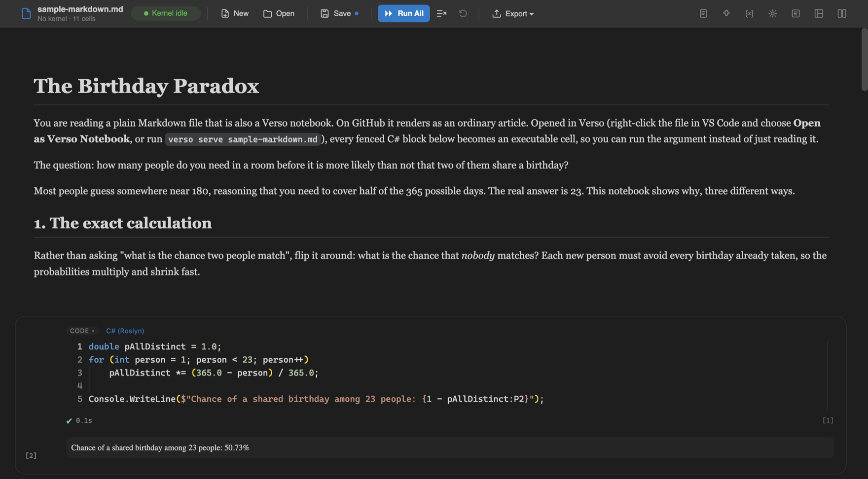 A Markdown file open as a notebook, its prose rendered and a fenced C# block running as a cell