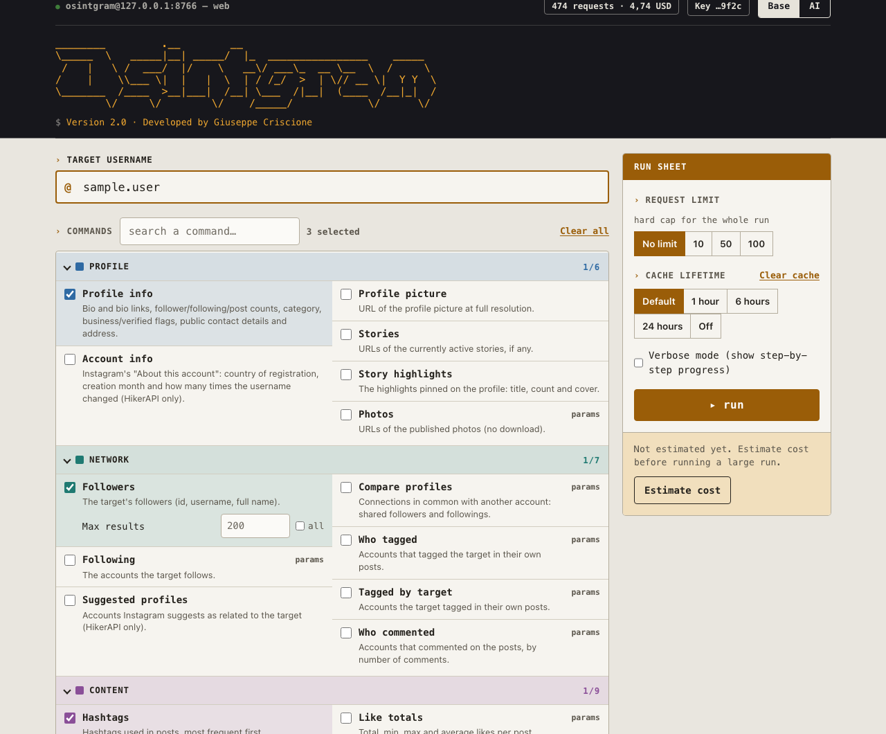 Base mode: 28 commands in two columns, grouped by colour and collapsible, with a search box and the run sheet
