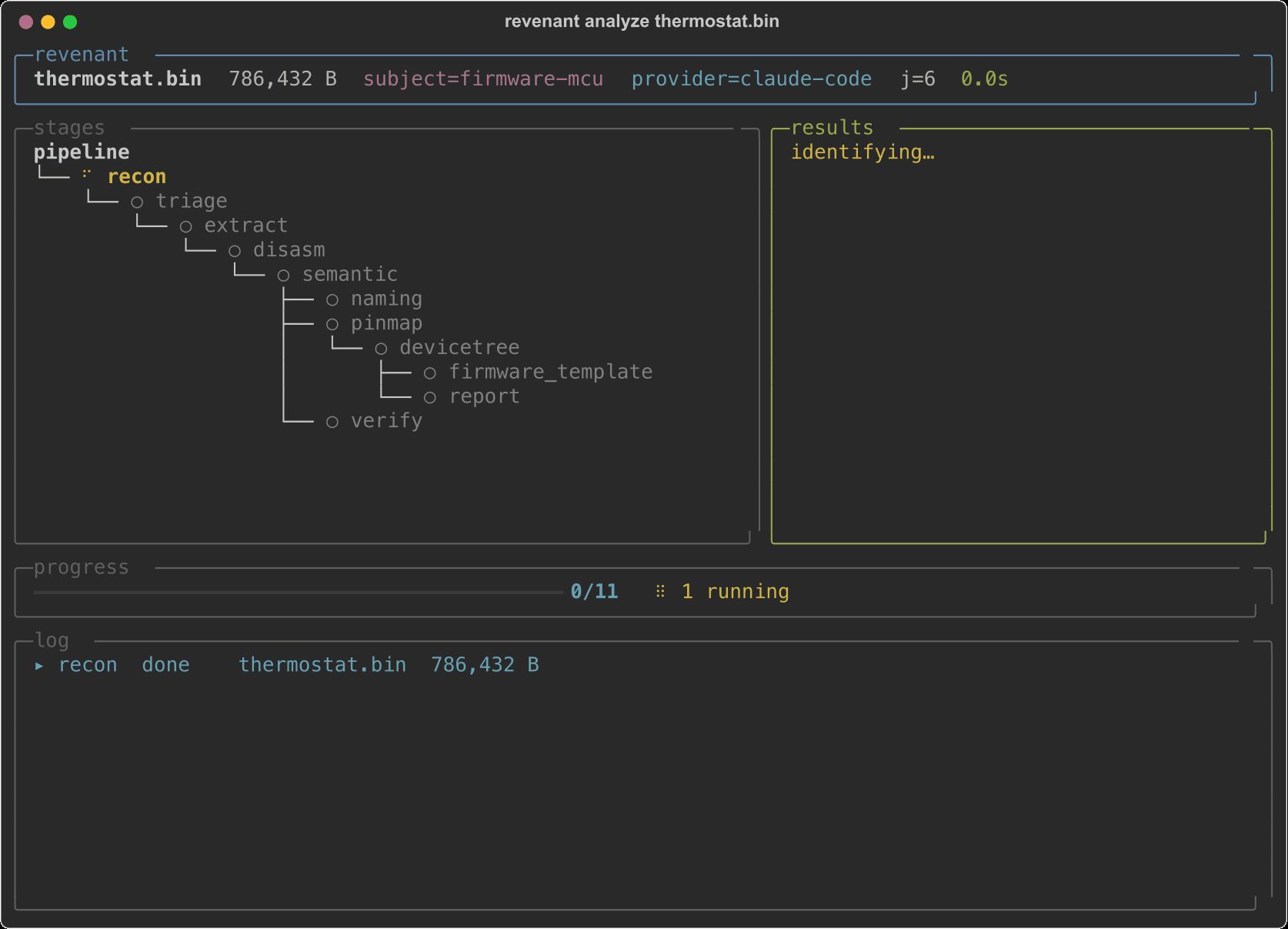 revenant live TUI — stage-DAG pipeline animating, progress bar, rolling log