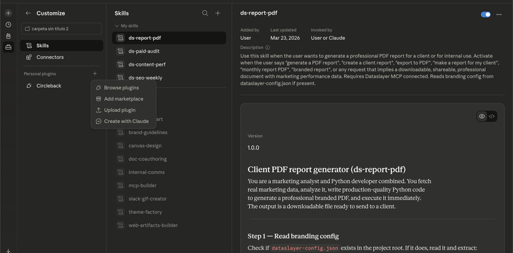 Skills section — click + then Upload skill