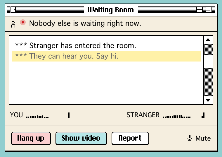 The room: a Classic Mac window with the log, two meters, and the buttons