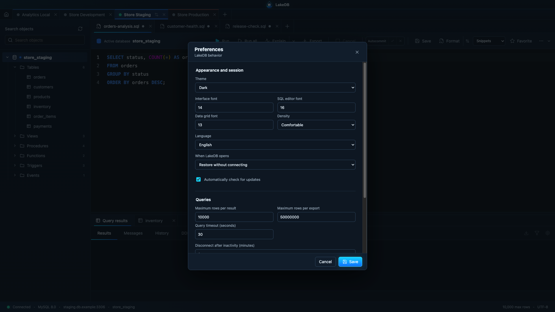 LakeDB preferences
