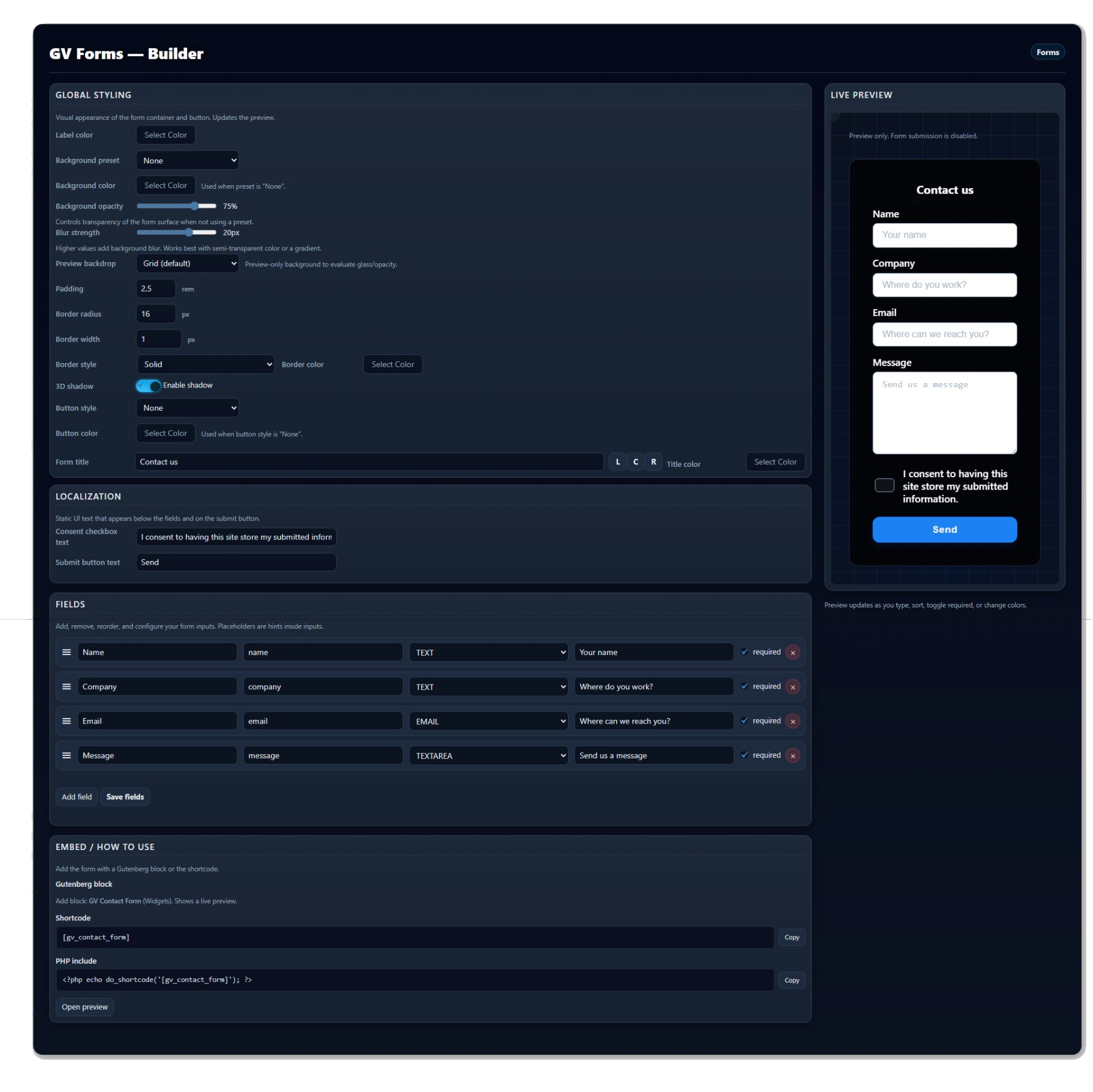 GV Contact Form Pro Screenshot