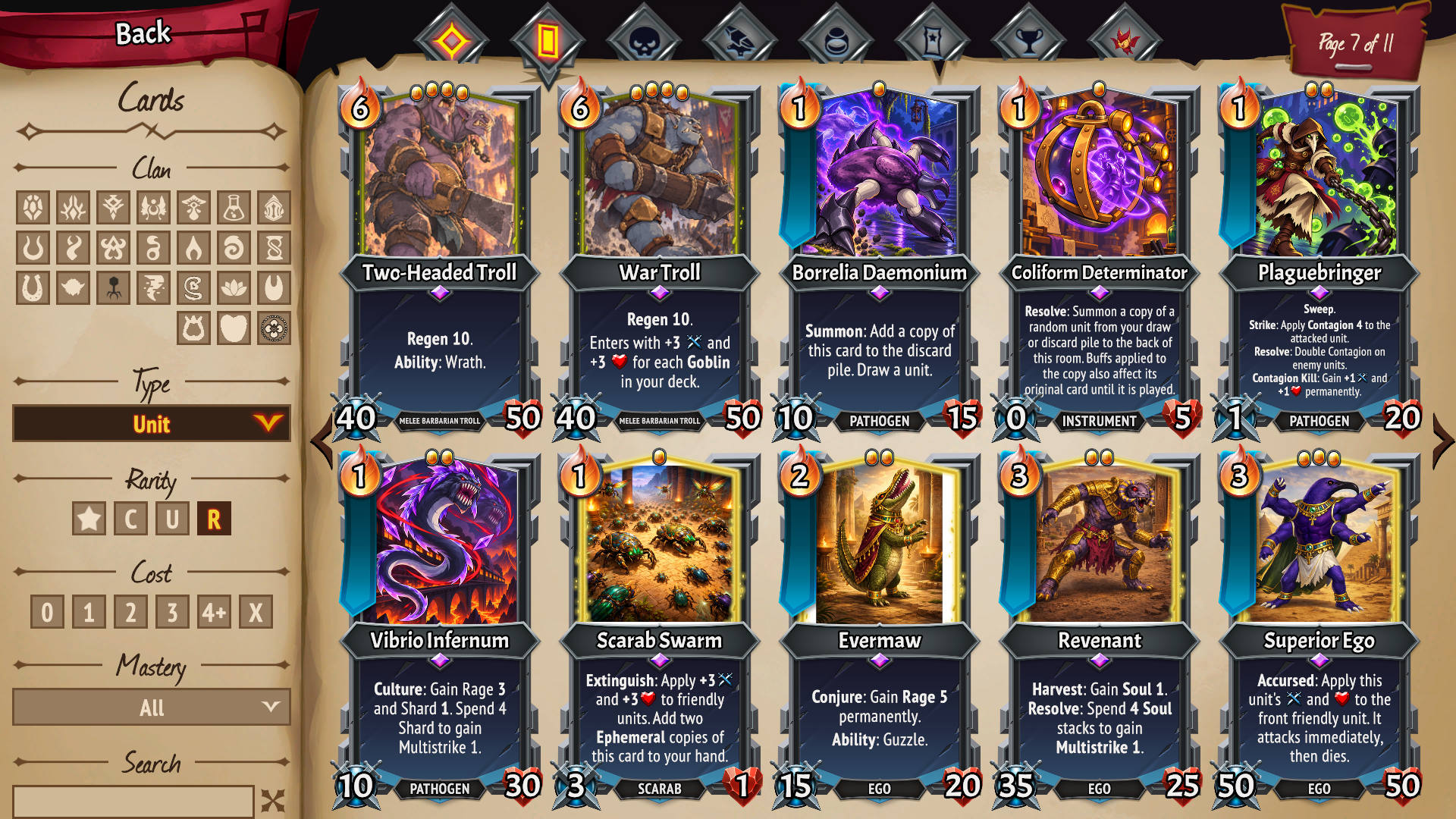 Card filters with multiple rows of clan buttons and a clear search field