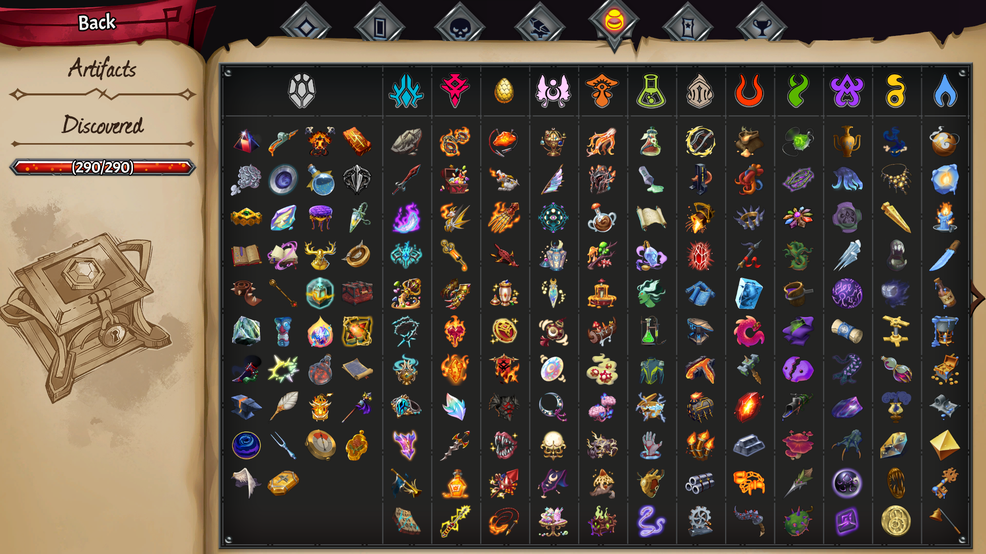 The logbook's artifacts page with 21 clans installed