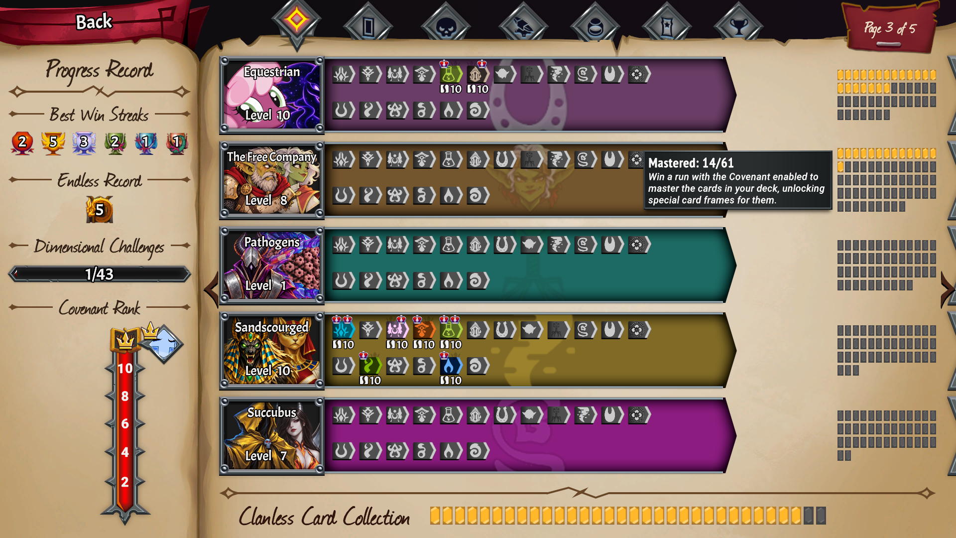 The logbook's progress record, page 3 of 5, with 19 clans installed